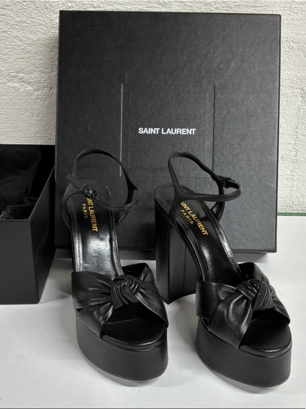 Saint Laurent Black Leather Platform Heels with Ankle Straps